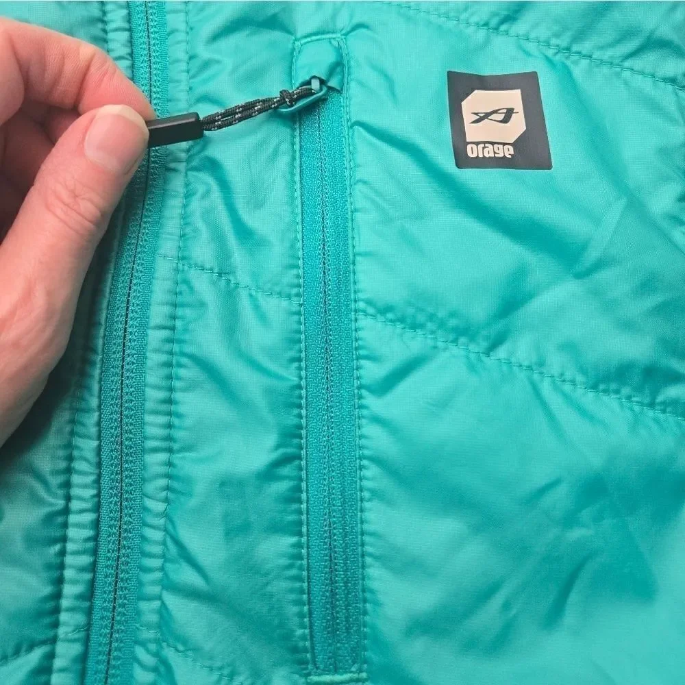 Orage lightweight puffer jacket fleece sides size womens large teal gray hooded